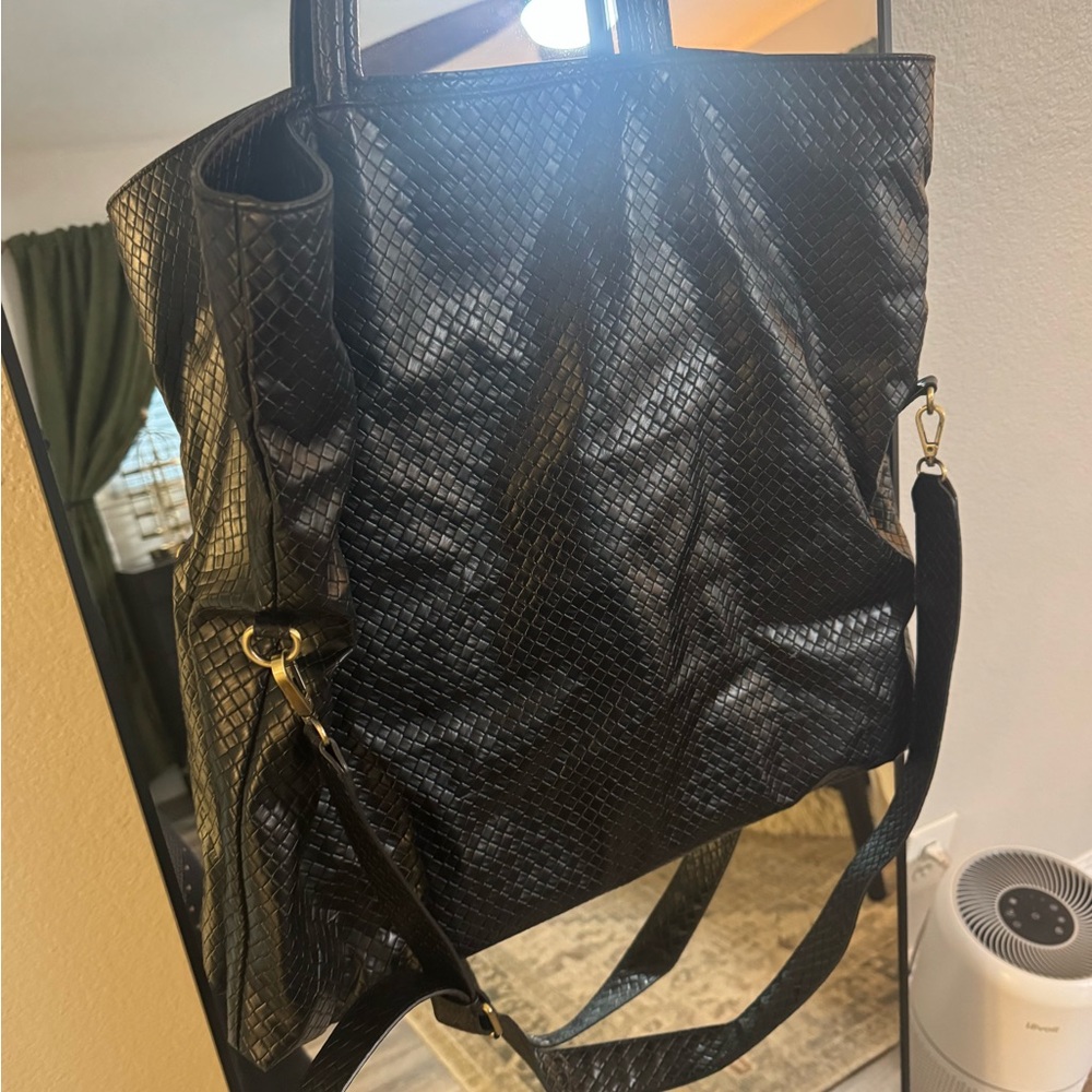 ANTHROPOLOGIE Woven Slouchy Tote Shoulder Vegan Leather Hobo Bag Black - Picture 7 of 8